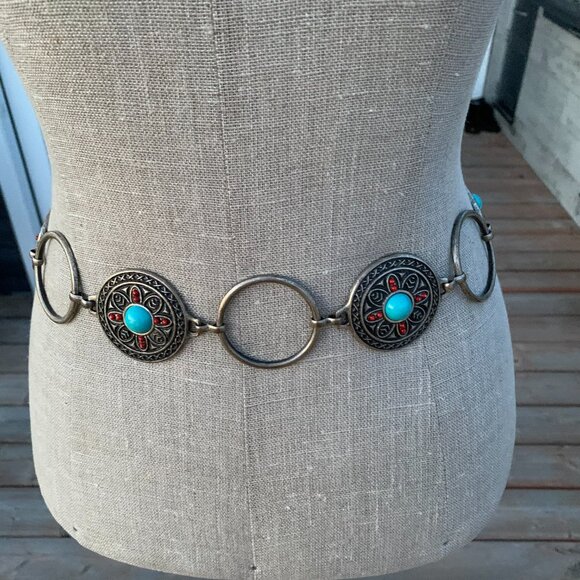 Vintage 90s Southwestern Western Boho Chic Concho Chain Waist Hip Belt - Picture 3 of 13